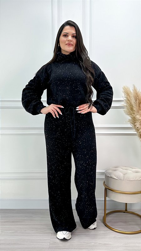 Conjunto Blusa e Calça em Tricot Mousse Preto Colors Dara