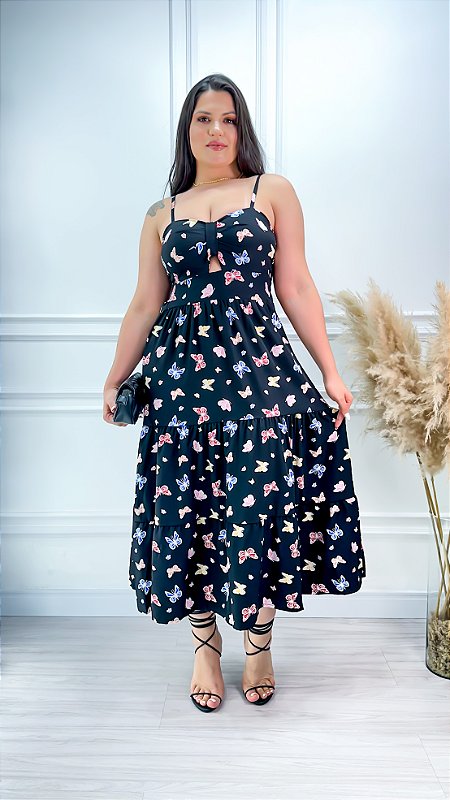 Vestido Midi Crepe Helena Borboleta