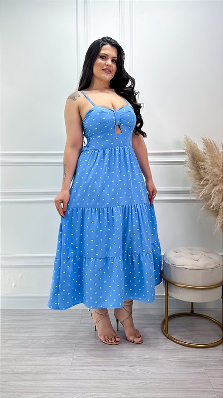 Vestido Midi Crepe Helena Corações Azul