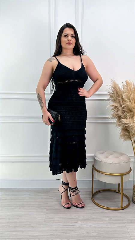 Vestido Tricot Rendado Babado Midi com Forro Elisa Preto