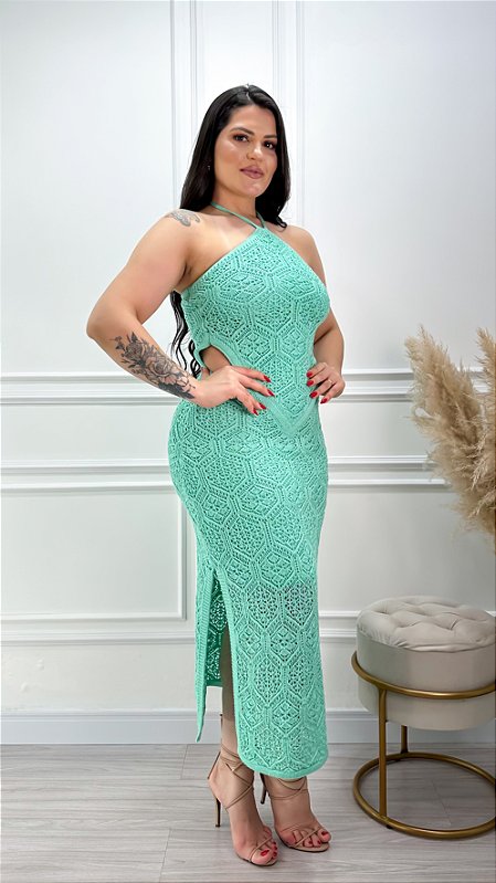 Vestido Tricot Rendado Pérola Verde