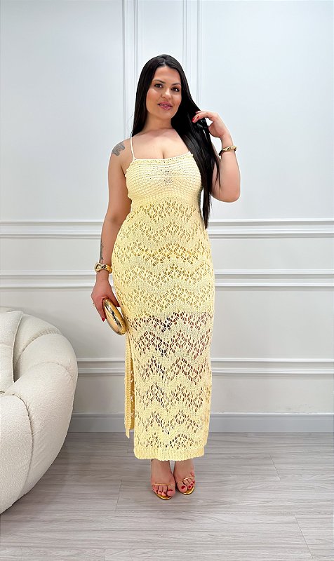 Vestido Tricot Rendado Jasmim Amarelo