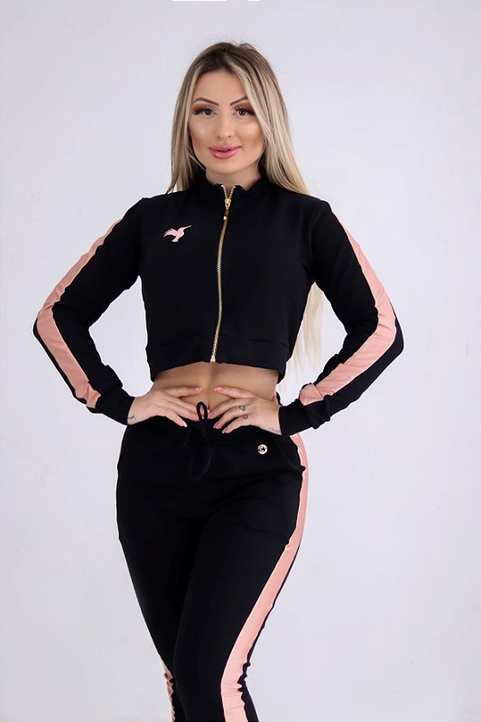 JAQUETA CASACO SINTONIA COMFY PRETO COM ROSÊ