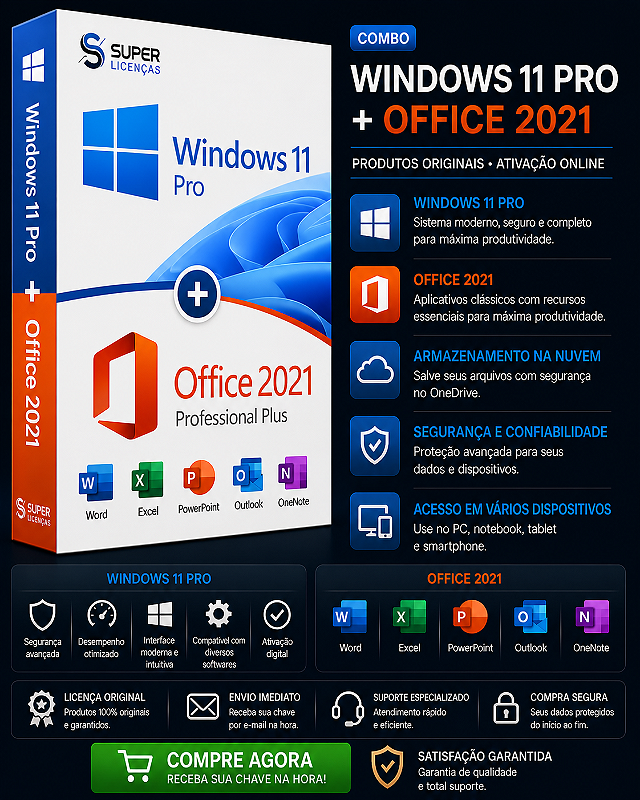 Windows 11 Pro + Office 2021 Pro Plus - Licença Vitalícia I Envio