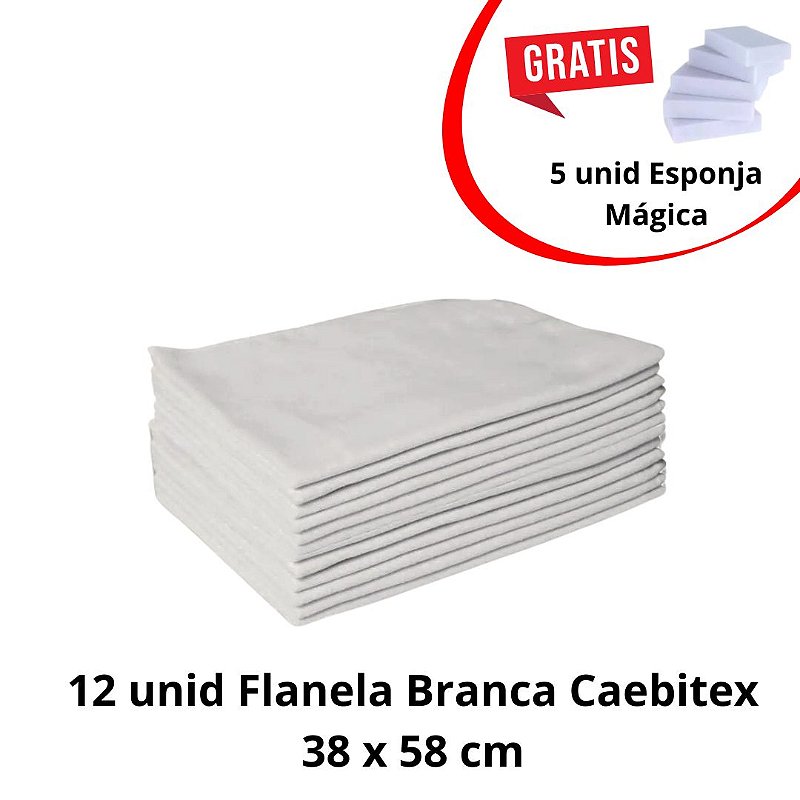 Kit 12 Flanelas Brancas Caebitex 38x58cm + 5 Esponjas Mágicas Grátis