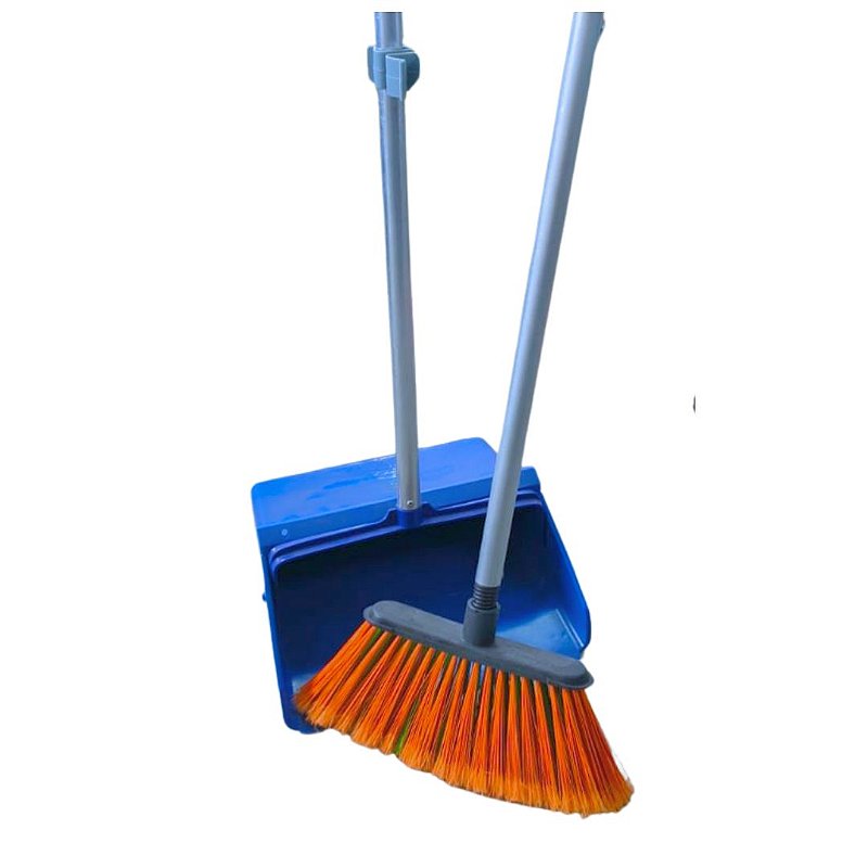 Pá Coletora Azul Sem Tampa com Vassoura 25 cm e Cabo 60 cm