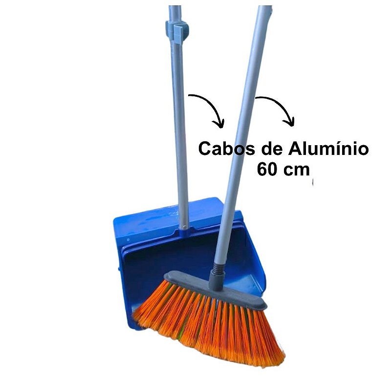 Pá Coletora Azul Sem Tampa com Vassoura 25 cm e Cabo 60 cm