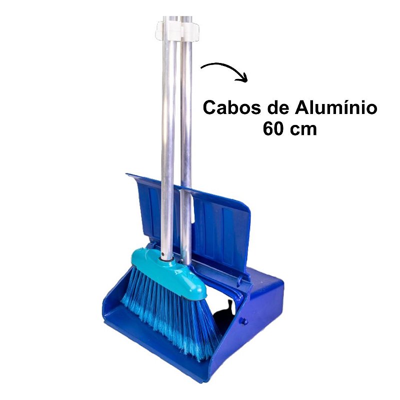 Pá Coletora Azul Com Tampa com Vassoura Cabo 60 cm