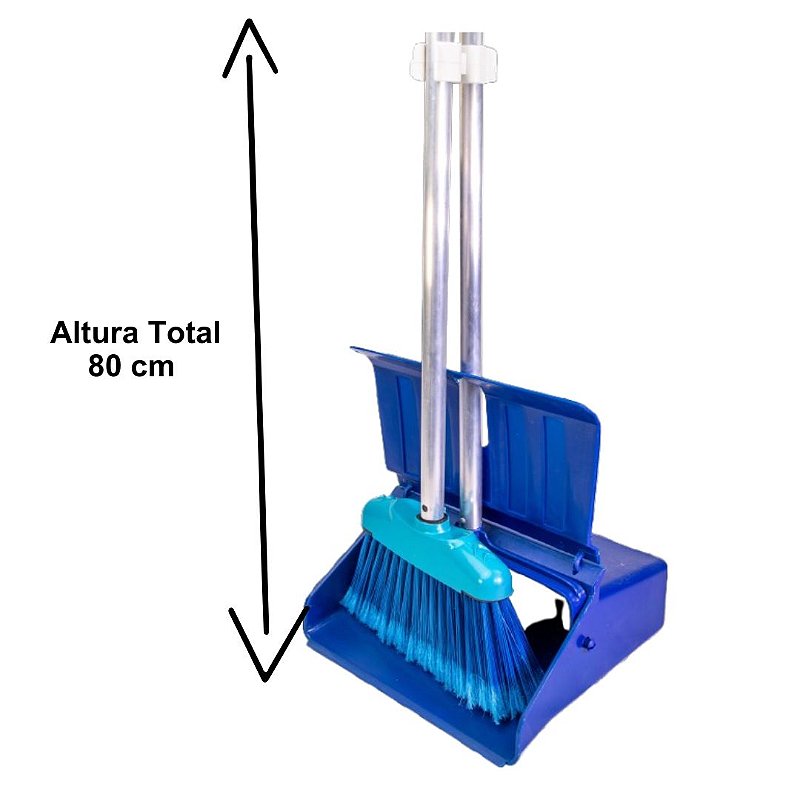 Pá Coletora Azul Com Tampa com Vassoura Cabo 60 cm