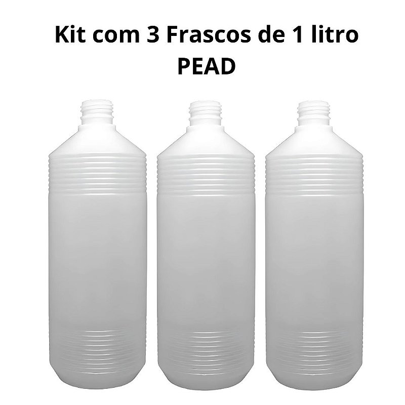 Kit 3 Frascos PEAD Estriados 1 Litro Rosca 28/410 Sem Tampa