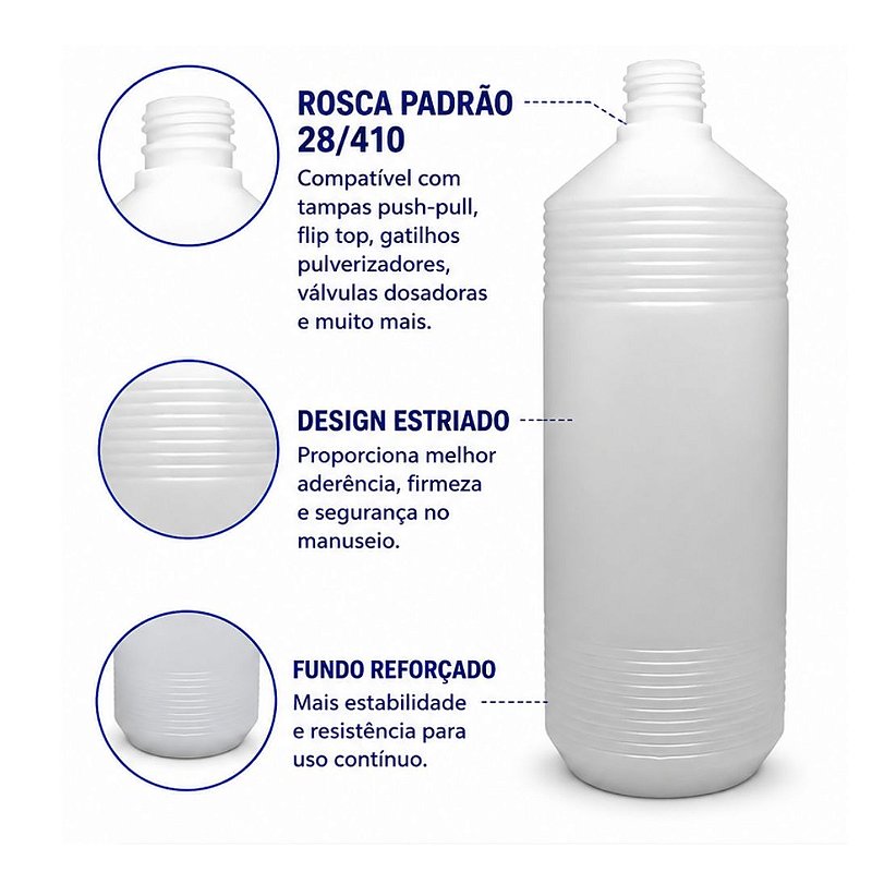 Kit 3 Frascos PEAD Estriados 1 Litro Rosca 28/410 Sem Tampa