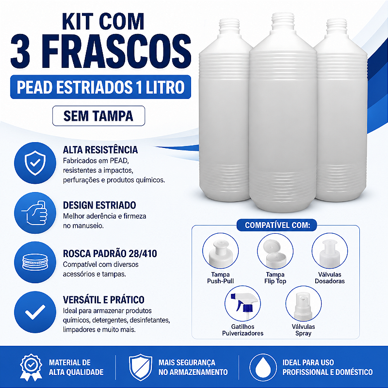 Kit 3 Frascos PEAD Estriados 1 Litro Rosca 28/410 Sem Tampa