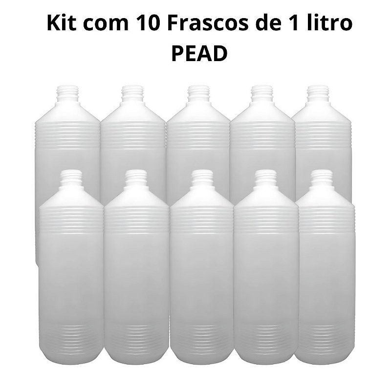 Kit 10 Frascos PEAD Estriados 1 Litro Rosca 28/410 Sem Tampa