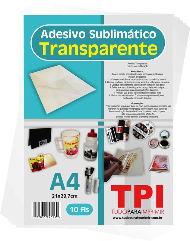 Adesivo Sublimático Transparente A4 - Pct c/ 10 - TPI - Tudo Para Imprimir