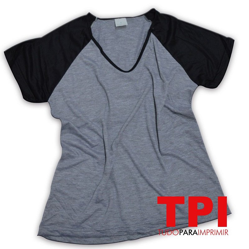 Baby Look Raglan Cinza Mescla/Preto Poliéster - Tudo para Imprimir