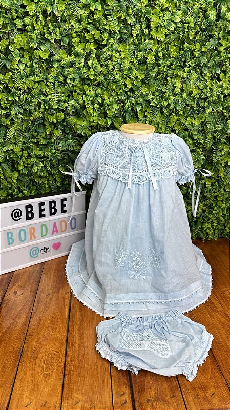 Vestido Cambraia de Algodão e Renascença Azul Bebê Bebê Bordado