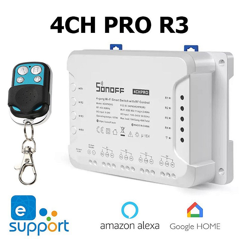 SONOFF Interruptor de garagem e interruptor inteligente Wi-Fi de 4 Gang,  4CH PRO R3, 3 modos de funcionamento, Wi-Fi ou controlo remoto de RF de 433  MHz, AC/DC, Supports Alexa, Google Home