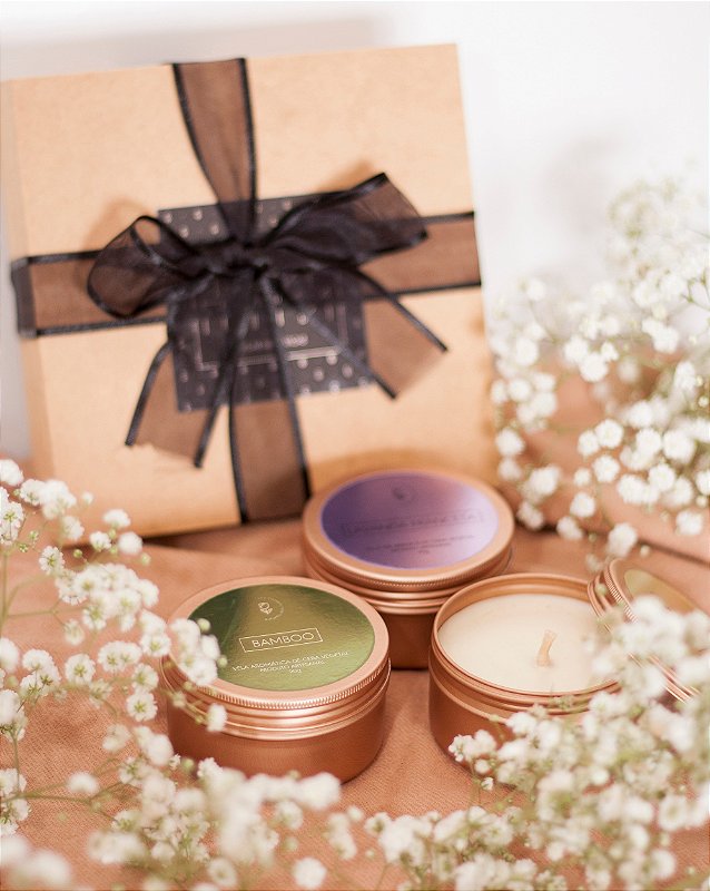 Kit Presente - 3 velas na latinha com caixa mdf - Rosa Flamma