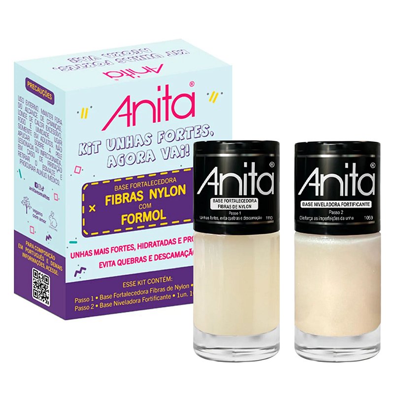 Kit 2 Esmaltes Unhas Fortes Agora Vai Base Fibra Nylon e Base Niveladora Anita
