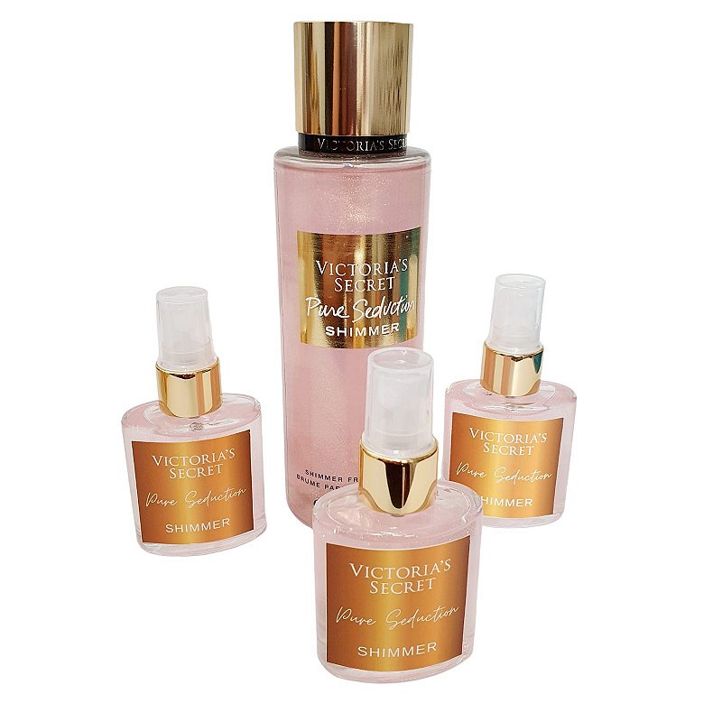 kit Victoria's Secret Pure Seduction Shimmer fracionado – loção hidratante  + body splash 30ml cada – decante – Maju Parfums