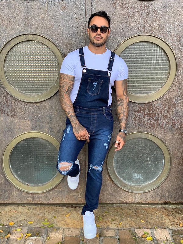 Macacão Masculino Alleppo Jeans Azul Escuro Destroyed Lisboa