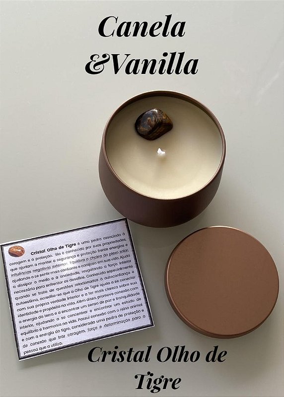 VELA POCKET AROMA DE  CANELA & VANILLA  COM CRISTAL OLHO DE TIGRE - 120G