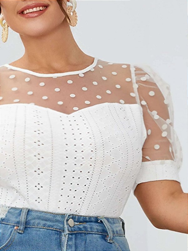 Blusa  Plus Size Malha Bordado de ilhó Bolinhas 9469