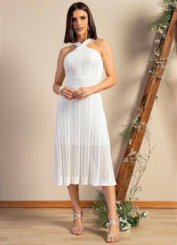 Vestido Tricô Off White Com Alças Transpassadas 105273