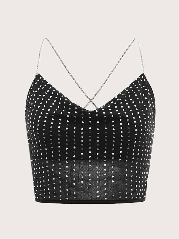 Top Cropped de lantejoulas Strass Cruzar costas 9713