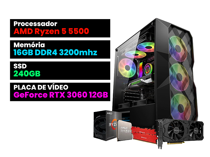 PC Gamer Completo Ryzen 5 5500, RTX 3060, 16GB DDR4, SSD 480GB, 600W 80 Plus