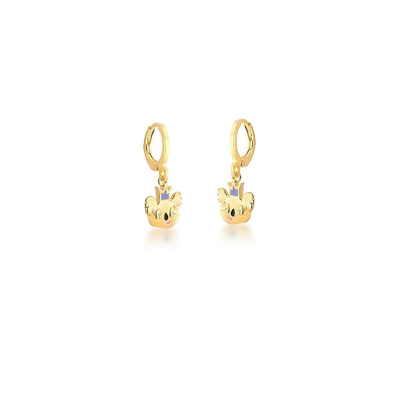 Argola Kids com Pingente de Coala Esmaltado Lilás Banhado a Ouro 18k
