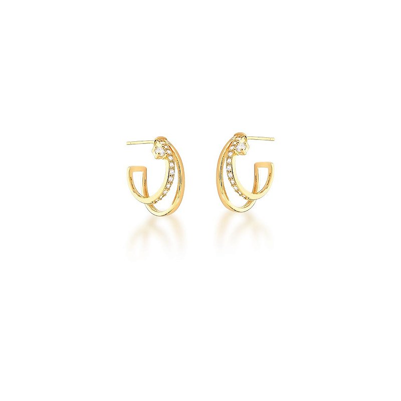 Argola Duas Fileiras com Zircônias Brancas Banhada a Ouro 18k