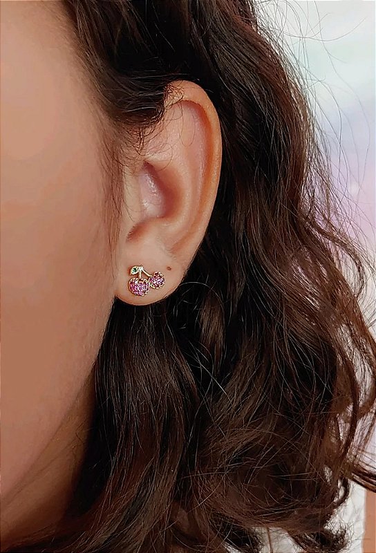 Brinco de Cereja com Zircônias Coloridas Folheado a Ouro
