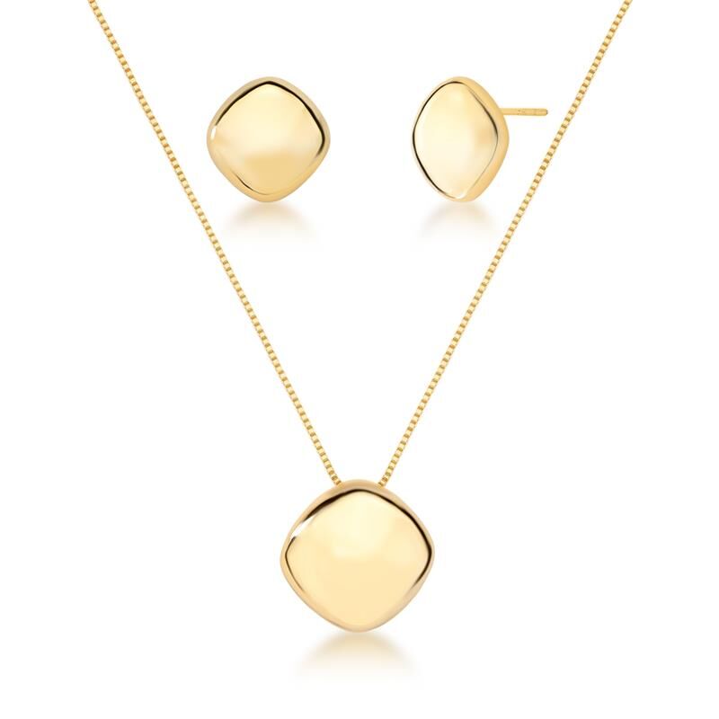Conjunto Colar e Brinco Quadrado Liso Banhado a Ouro