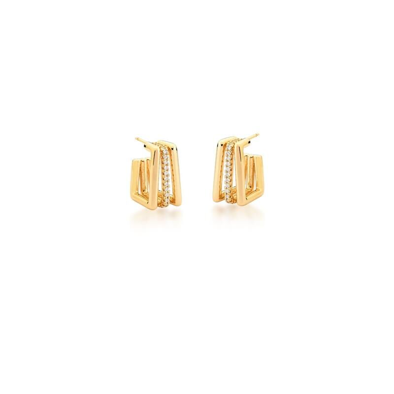 Argola Três Fileiras com Zircônias Brancas Banhada a Ouro