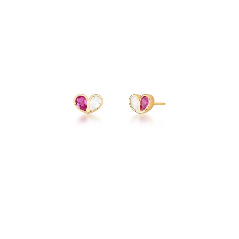 Conjunto Brinco e Colar de Coração Cristal Rosa e Transparente Banhado a Ouro
