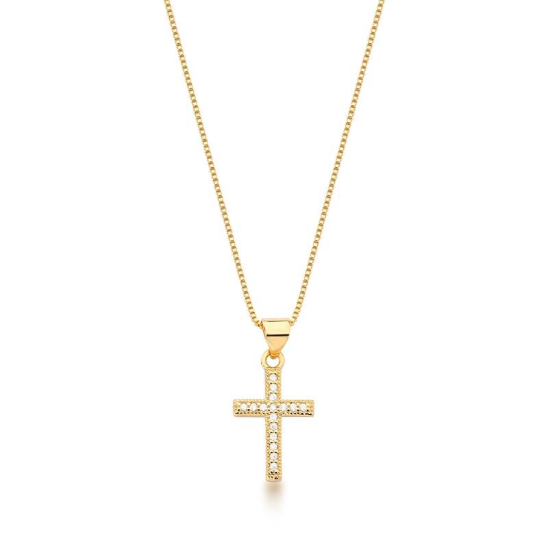 Colar com Pingente de Cruz Cravejado Banhado a Ouro
