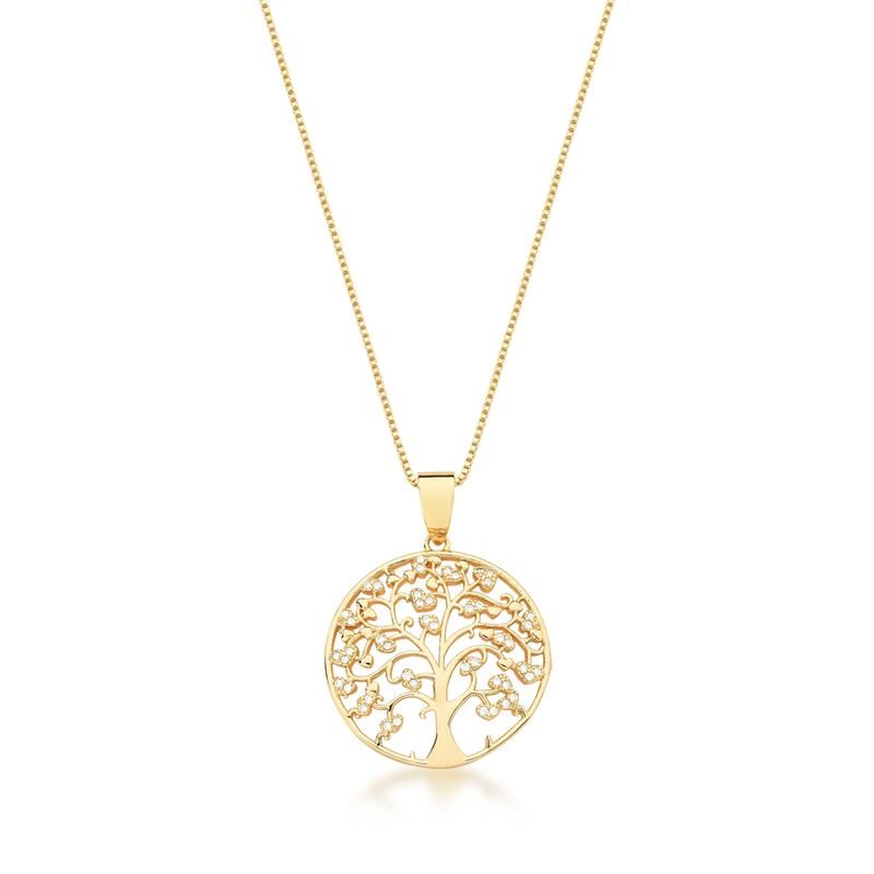 Colar com Pingente de Árvore da Vida com Pontos de Luz Banhado a Ouro