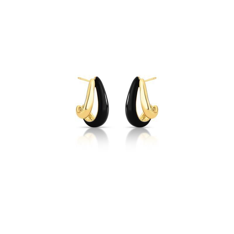 Argola com Duas Voltas uma Lisa e a outra Esmaltada em Preto Banhada a Ouro