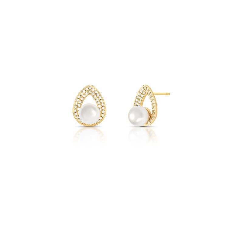 Brinco de Gota Vazado com Pérola Shell e Zircônias Banhado a Ouro