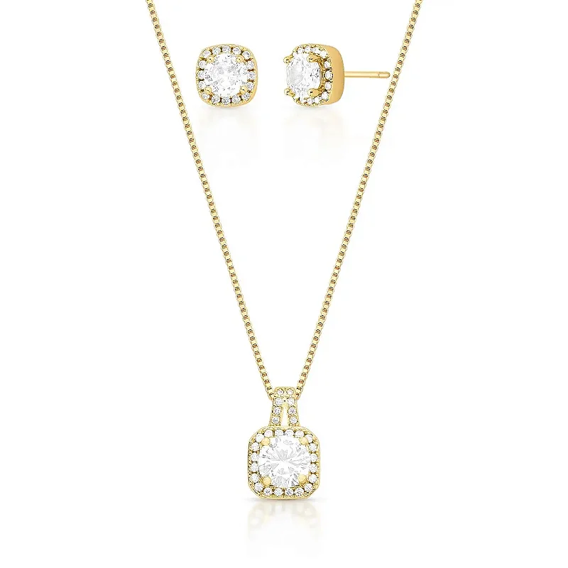 Conjunto Brinco e Colar com Cristal e Zircônias Banhado a Ouro