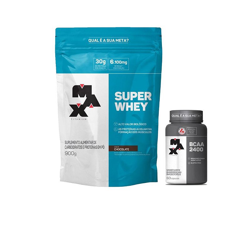 Super Whey (900g) Max Titanium + BCAA 2400 (60 caps) Max Titanium - Benefit  Supplements - Atendimento personalizado e preço justo!