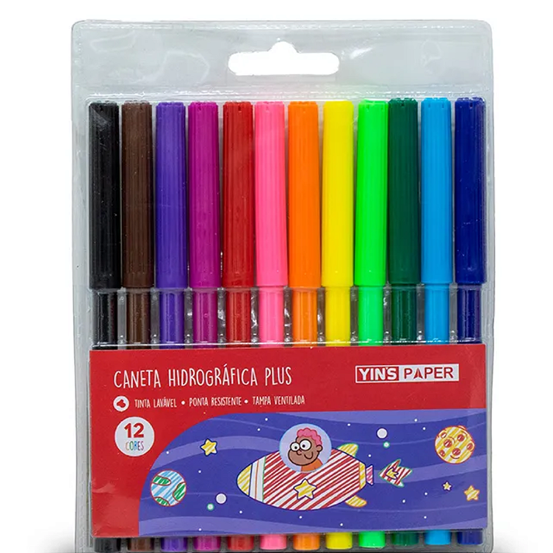 Canetinhas Hidrográficas Tinta Lavável 12 Cores Plus Yins Paper