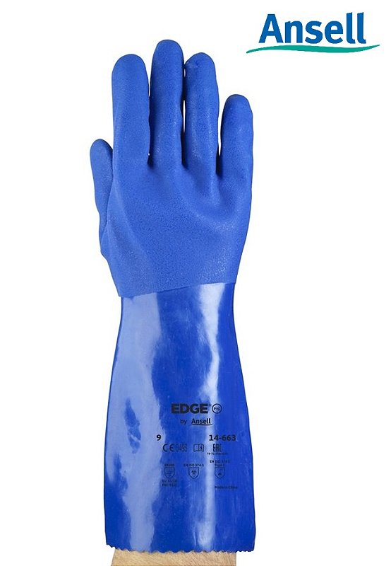 Luva de Pvc Edge 14-663 CA26043 Ansell 36cm Proteção Química Azul