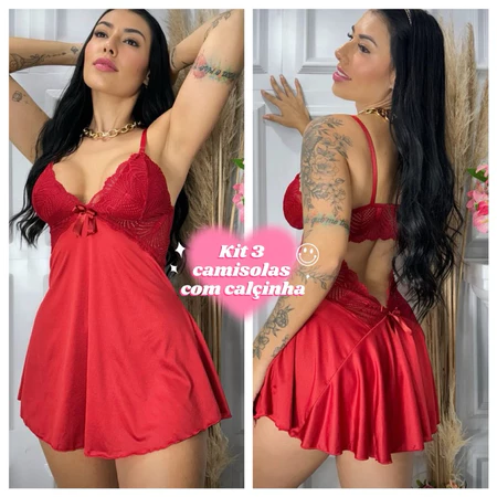 kit com 3 camisolas femininas com calcinha sexy linha noite pijama curto lingerie barata