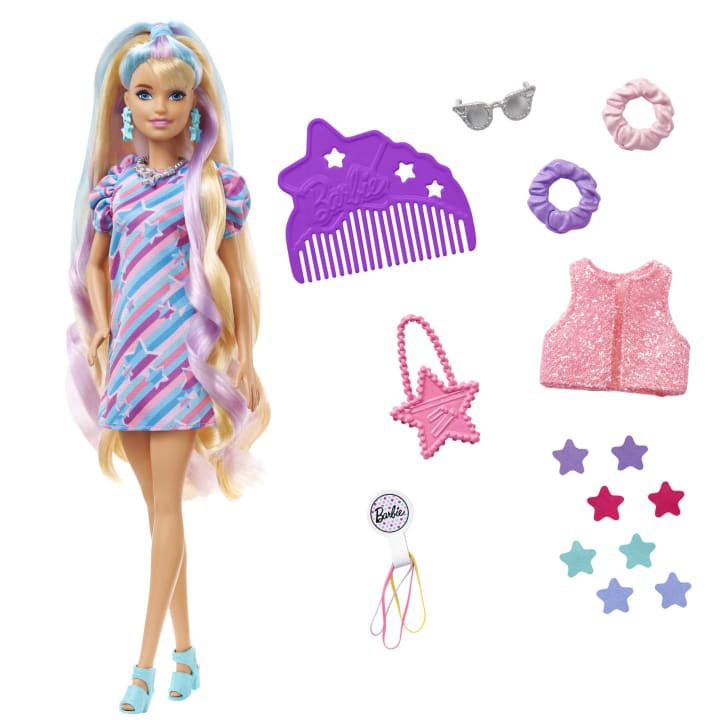 Barbie - Boneca Totally Hair com conjunto de jogo e cabeleireiro