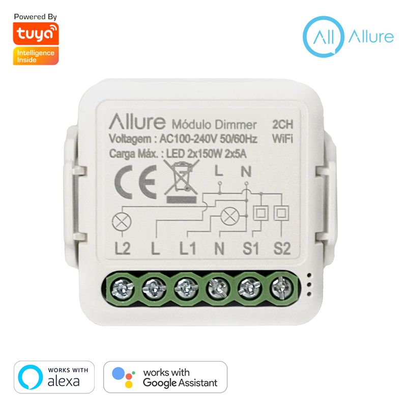 Mini Módulo Dimmer Inteligente Allure Tuya Wifi + BLE 2 Seções Compatível  Alexa e Google Assistente - Sou Allure Tech