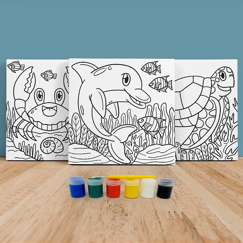 Tela Para Pintura Infantil Colorir Pintar Canvas Animais Marinhos com Tinta  e Pincel - Loja PlimShop, jogo de pintar animais online 