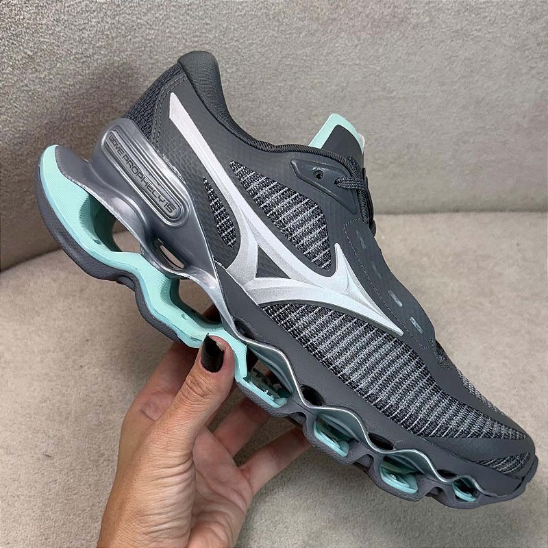 翡翠 Tênis Masculino Mizuno Wave Prophecy 15 | Cinza Verde | Original