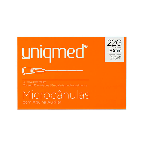 Microcânula 22g (0,70mm x 70mm) - com agulha auxiliar   - UNIQMED | Caixa com 12 unidades